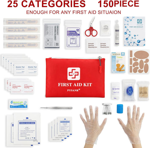 Small First Aid Kit, 150 Piece with Foil Blanket, Scissors First Aid Bag for Emergency, Home, Camping, Travel, Sports, Office, Outdoor, Car, School