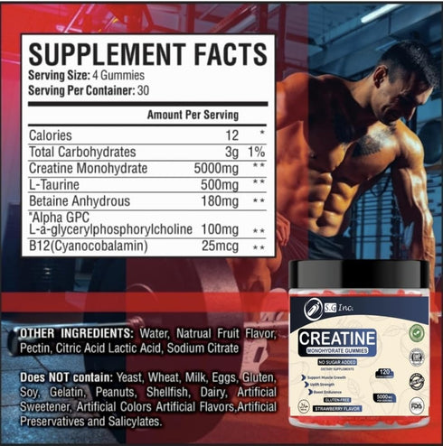 S.G Creatine Monohydrate Gummies for Men & Women - Sugar Free 5g Creatine Monohydrate Gummies for Muscle Support - Pre-Work Out Chewable Supplements for Energy Boost - Strawberry Flavored 120 Gummies