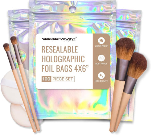 100 Pack Mylar Ziplock Pouches, Holographic Resealable Bags with Clear Front for Multipurpose Storage (4"x6")