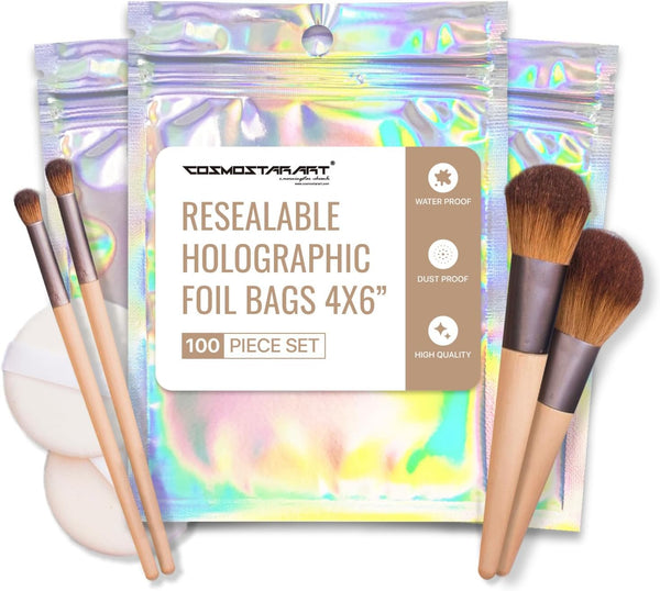 100 Pack Mylar Ziplock Pouches, Holographic Resealable Bags with Clear Front for Multipurpose Storage (4"x6")