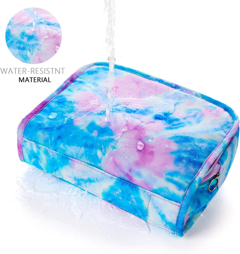 Kids Hanging Toiletry Bag for Girls, Waterproof Travel Makeup Wash Bag, Tie Dye Blue