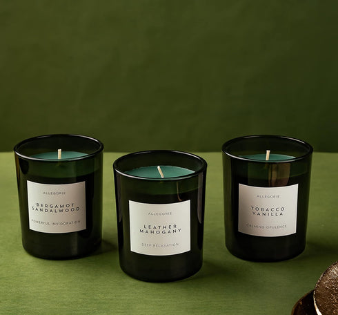 Set 3 (5.6oz) of Three Scented Candles for Men | Masculine scents of Bergamot & Sandalwood. Leather & Mahogany, Tobacco