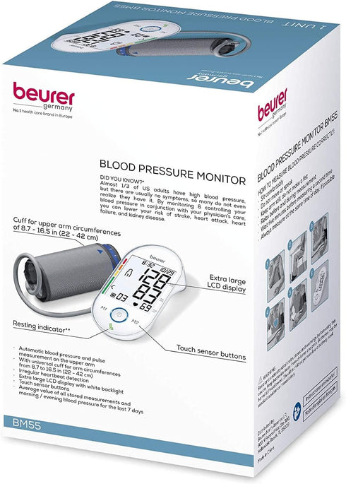 Beurer BM55 Blood Pressure Machine – XL Backlit Display, Automatic Cuff, and Portable Storage Kit for 2 Users