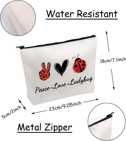 JXGZSO Good Luck Ladybug Symbol Makeup Bag With Zipper Gifts For Women Peace Love Ladybug Cosmetic Bag