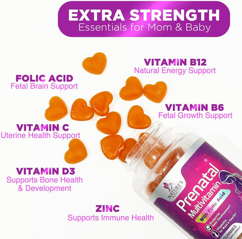 Prenatal Gummy Vitamins for Women - 120 Gummies, Prenatal Multivitamin with Folic Acid, Vitamin A, C, D3, B12 & B6