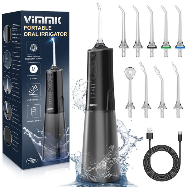 Cordless Water Flosser, Portable 300ML Dental Flosser with 9 Jet Tips, 5 Modes, IPX7 Waterproof - Black