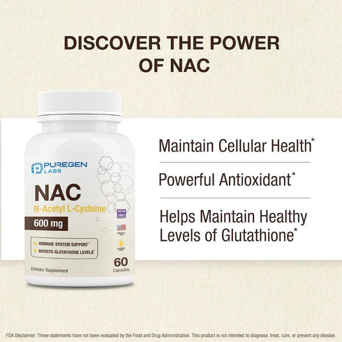 Puregen Labs N-Acetyl-L-Cysteine (NAC) 600mg, Immune and Respiratory Support, Antioxidant, 120 Veggie Capsules