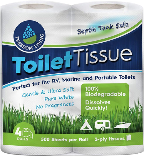 Septic Tank Safe Toilet Tissue (2-Ply, 4 Rolls, 500 Sheets each) - Biodegradable Natural Alternative for RV, Camping &