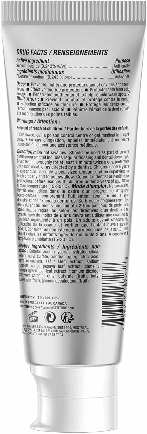 ATTITUDE Toothpaste with Fluoride, Vegan, Cruelty-Free, Sugar-Free, Prevents Tooth Decay, Blueberry, 4.2 Oz