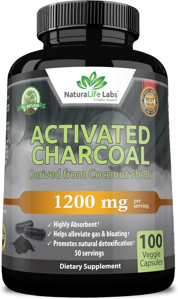 Activated Charcoal Capsules - 1,200 mg Vegan Supplement for Gas & Bloating, Natural Detox from Coconut Shells - 100