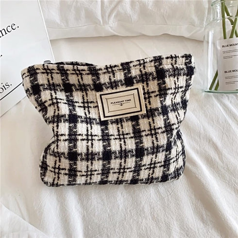 Travel Checkered Makeup Bag, Corduroy Cosmetic Zipper Pouch for Women, Cute Gift (Houndstooth)