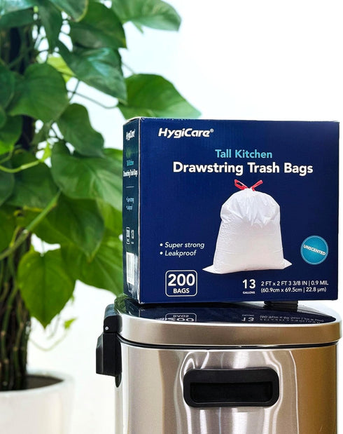 13 Gallon Tall Kichen Trash Bags, Unscented 200 Count Drawstring Garbage Bags, Pre-Separated, Ultral Strong, Leakproof, Sturdy, White by HygiCare