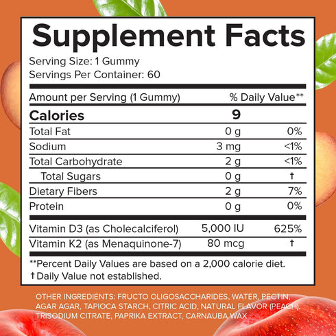 Sugar Free Vitamin D3 K2 Gummies - 5000 IU D3 + 80 mcg K2 MK7 - Natural Peach Flavor - Adults Supplement