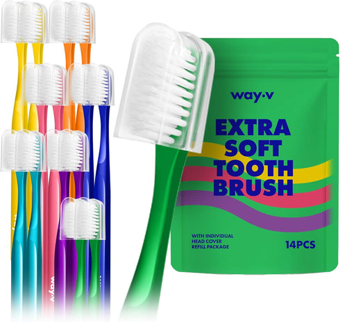 Extra Soft Toothbrush Refill for Adults, Sensitive Gums, 14 Pcs Manual Toothbrushes with Individual Head Covers, Green