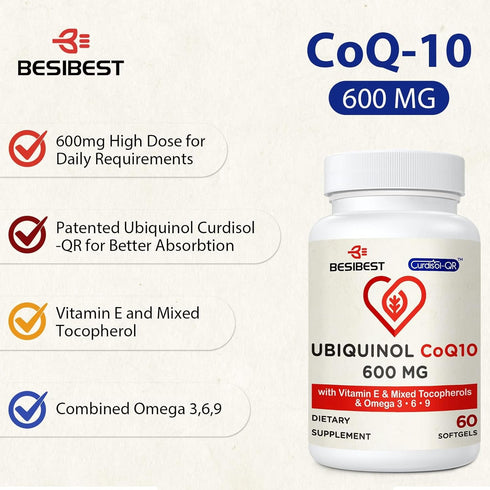 Ubiquinol CoQ10-600mg-Softgel - Active CoQ10 Supplement with Vitamin E & Omega 3, 120 Count