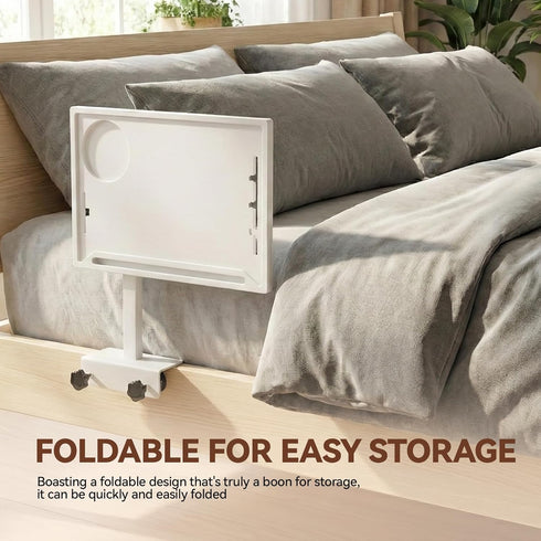 WFXSHparts 0.7"-2.7" Bedside Shelf Rotating Foldable Tray:Adjustable Bedside Shelf for Bed, White,Bamboo Bed Side Tray
