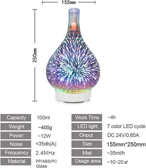 SMGZC 3D 7 Dragonfly Firework Glass Essential Oil Aroma Diffuser Ultrasonic Aromatherapy Humidifier Aromatherapy Lamp