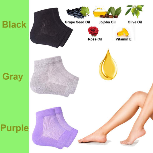 Vented Moisturizing Gel Heel Socks, 3 Pairs Toeless Spa Sock for Foot Care Treatment, Grey, Cracked Heels & Dry Feet