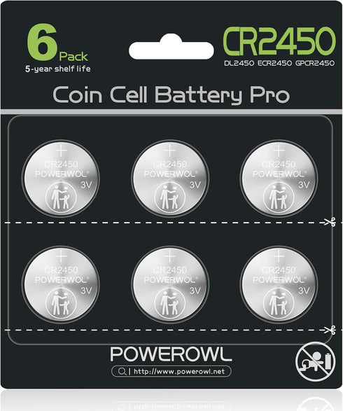 POWEROWL High Capacity CR2450 Battery, 10 Years Leak-Free, Long Lasting Power, CR 2450 3v Lithium Coin Batteries, Qty 6