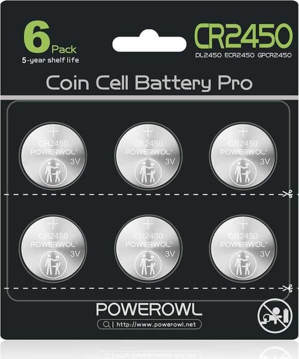 POWEROWL High Capacity CR2450 Battery, 10 Years Leak-Free, Long Lasting Power, CR 2450 3v Lithium Coin Batteries, Qty 6