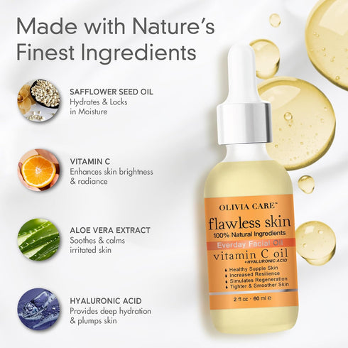 Olivia Care Vitamin C + Hyaluronic Acid Facial Oil, 100% Natural, Reviving, Hydrating, Calming & Soothing, 2 fl oz