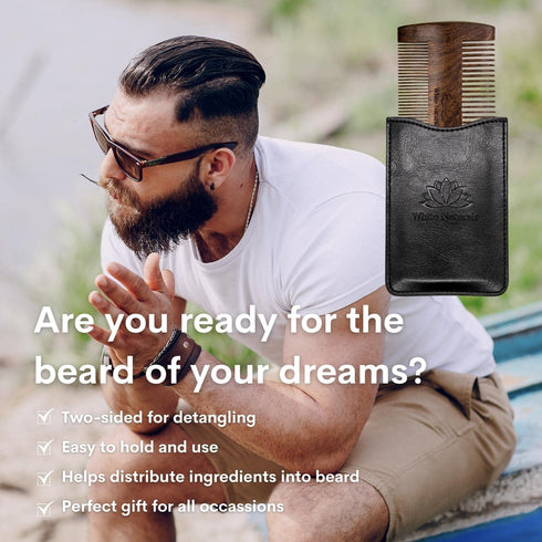 White Naturals Beard Comb for Men - Wooden Natural Sandalwood, Fine Dual Action Teeth, Includes PU Leather Case