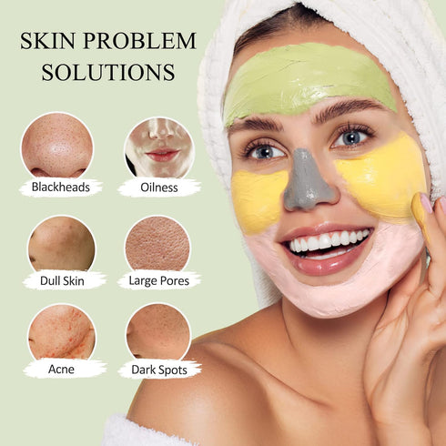 4 Pcs Clay Facial Mask Set - 240g Turmeric, Vitamin C, Green Tea, Dead Sea Mud, and Rose Clay for Deep Cleansing &