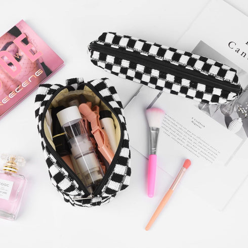 Makeup Bag Checkered Cosmetic Bag - Black Makeup Pouch with Large Capacity and Makeup Brushes Storage Bag