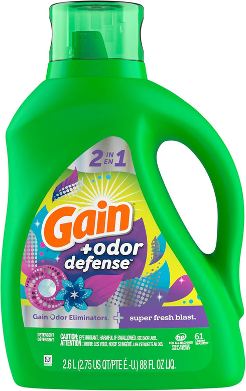 Gain + Odor Defense Liquid Laundry Detergent, Super Fresh Blast Scent, 88 Oz, 61 Loads, HE Compatible