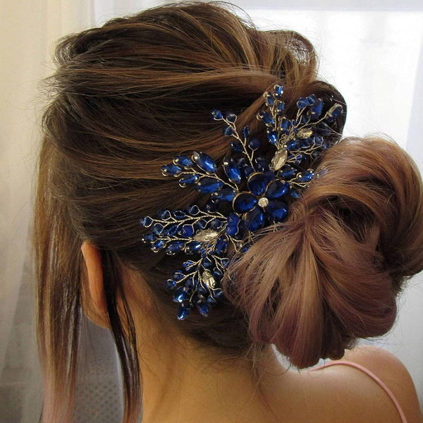 Women Royal Sapphire Opal Hair Comb, Bridal Blue Crystal Flower Wedding Accessory, Gift for Her, Party Headpiece