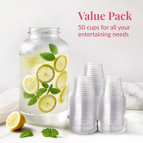 Prestee 50-Pack Clear Plastic Party Cups, 9 oz for Cold Beverages, Durable Disposable PET Cups
