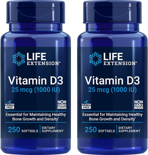 Life Extension Vitamin D3 25 mcg (1000 IU), 2 x 250 Softgels, Immune System & Bone Health Support