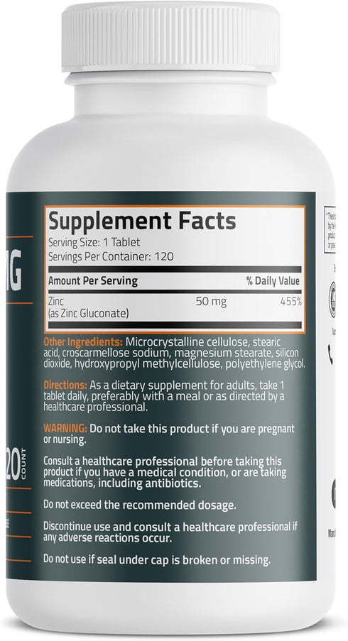 Bronson Zinc 50 MG High Potency Supports Immune, Antioxidant & Skin Health - Non-GMO, 120 Vegetarian Tablets