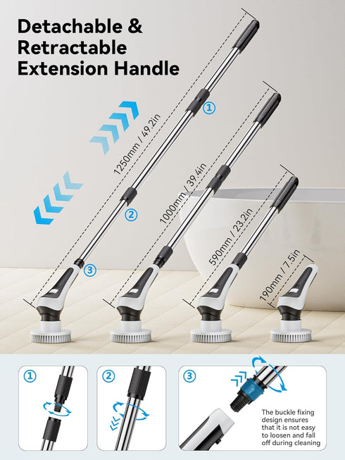 Electric Spin Scrubber,Cordless Cleaning Brush with Power Display Screen,IP68 Waterproof Shower Cleaning Brush with 8 Replaceable Brush Heads,Adjustable & Detachable Handle and 2 Adjustable Speeds by Tinerray