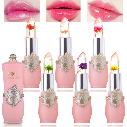 6 Pack Crystal Flower Jelly Lipstick - Magic Color Changing Lip Balm Set, Long Lasting Moisturizing