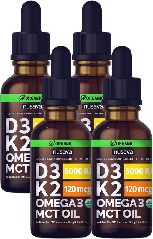 (4 Pack) Organic Vitamin D3 K2 Drops w MCT Oil Omega 3, 5000 IU, Maximum Strength Liquid for Immune Support