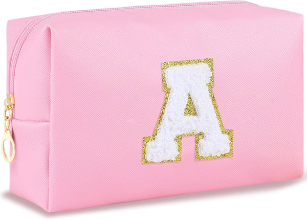 Initial Makeup Bag, Personalized Preppy Cosmetic Bag, Waterproof PU Small Pouch for Purse Birthday Gift for Teen Girls