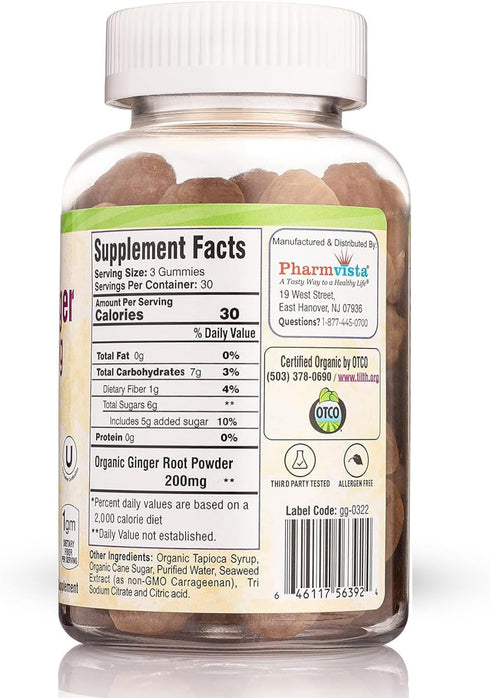 USDA Organic Ginger Gummies 200mg 90 Count for Digestive Health and Nausea Management