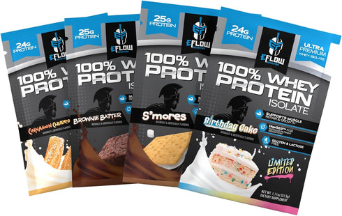 eFlow Nutrition Whey Protein Sample Variety - Isolate Protein Powder Samples, Low Calorie, Travel Packs (4 Pack)