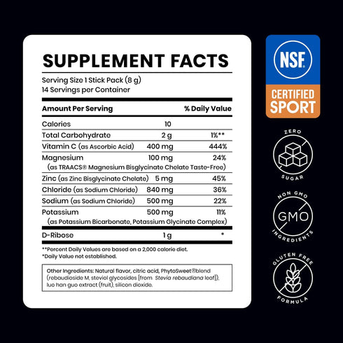 Electrolytes Powder Hydration Packets, Zero Sugar Electrolyte Drink Mix for Water, D-Ribose, Zinc + Vitamin C for