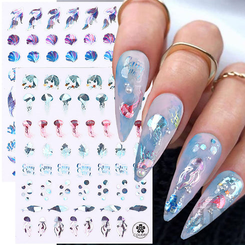 Sea Animals Nail Art Adhesive Sticker, 3D Self-Adhesive Decals, Holographic Shell Fish Jellyfish Decoration