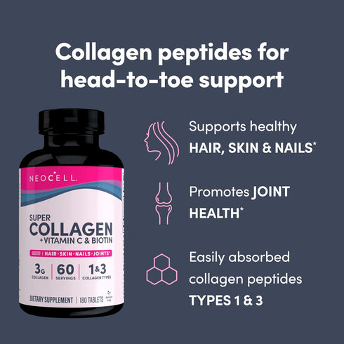 NeoCell Super Collagen with Vitamin C and Biotin, 180 Count, Skin, Hair and Nails Supplement
