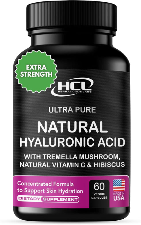 Natural Hyaluronic Acid Supplement, 5X Stronger Hydration Pills from Pure Tremella Mushroom with Vitamin C & Hibiscus