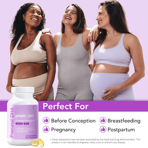 Premom Prenatal DHA Fish Oil: Omega 3 with 470mg DHA, 200mg EPA + 400 IU Vit D3 - Fertility Support for Women