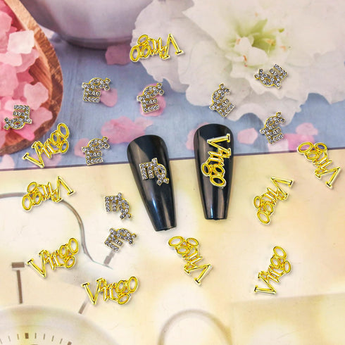 JERCLITY 20pcs Gold Alloy Virgo Zodiac Nail Charms, 10pcs Symbols and 10pcs Constellation Words