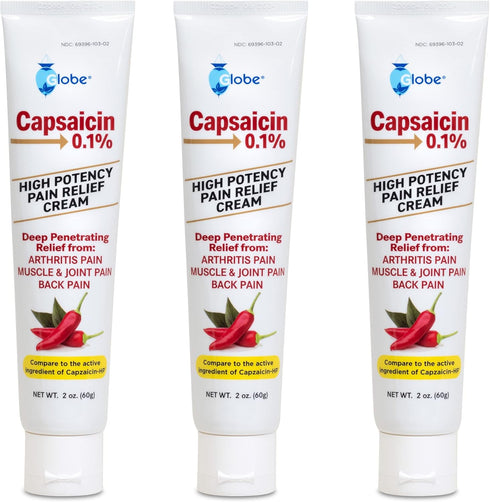 Globe (3 Pack) Capsaicin 0.1% High Potency Pain Relief Cream, Unscented Deep Penetrating Relief for Arthritis, Muscle