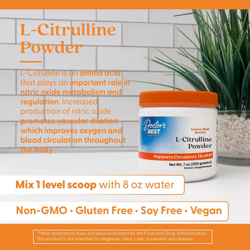Doctors Best L-Citrulline Powder, Supports Circulatory Health, Non-GMO, Gluten Free, Vegan, 7 oz (200 Grams)