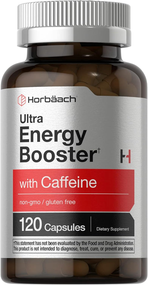 Horbaeach Energy Supplement - 120 Capsules with Caffeine, Ginseng & Vitamin B12, Daily Energy Booster Pills
