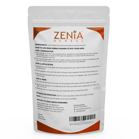 Zenia 100% Pure & Natural Henna Powder, 100 grams (3.5 oz), Orange-Red Hair Color, No Chemicals