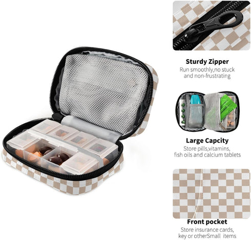 WEVIBOFU 7 Weekly Pill Organizer, Brown White Checkered Pill Case Day Travel Medicine Organizer Box for Vitamin